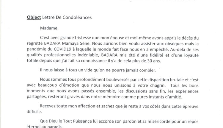 lettre de condoleance Ayatou à la famille Sene